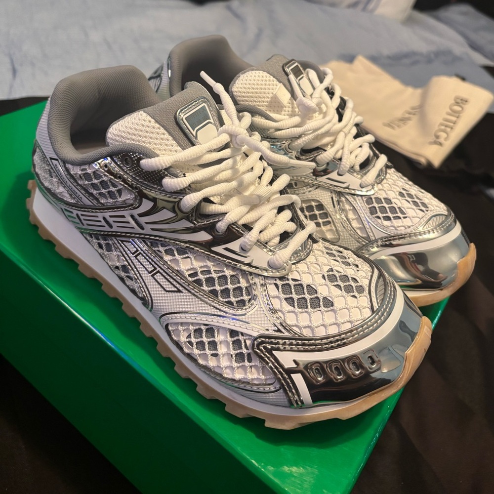Bottega Veneta White Silver Mesh Runner Sneakers